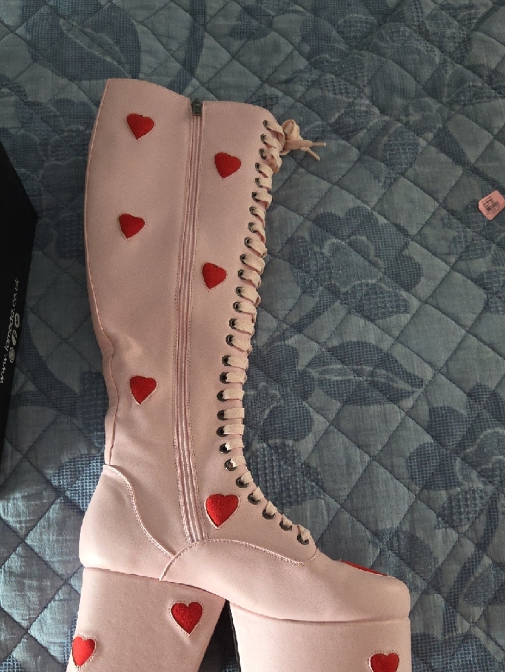 Pink Platform Lace-Up Boots with Red Heart Appliqués - Picture 3 of 5